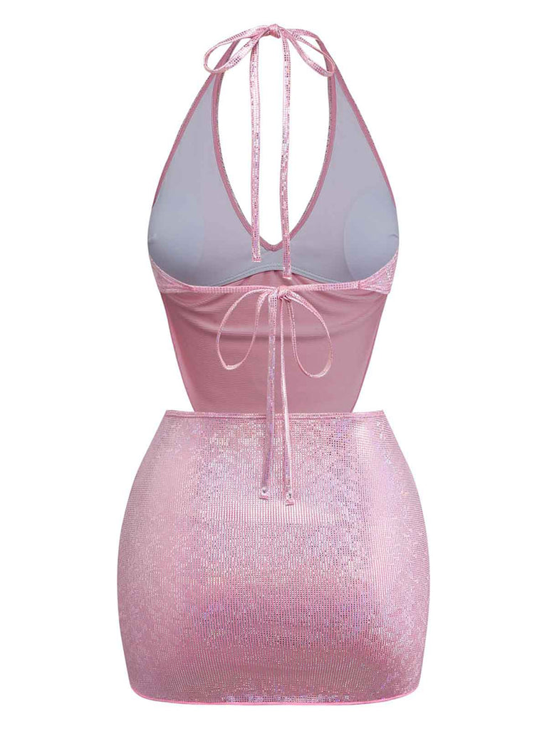 Bikini Sequin Métallisé et Cache-Maillot Rose Années 60