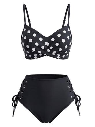 Ensemble Bikini à Pois Lacé Taille Haute Noir Années 1950