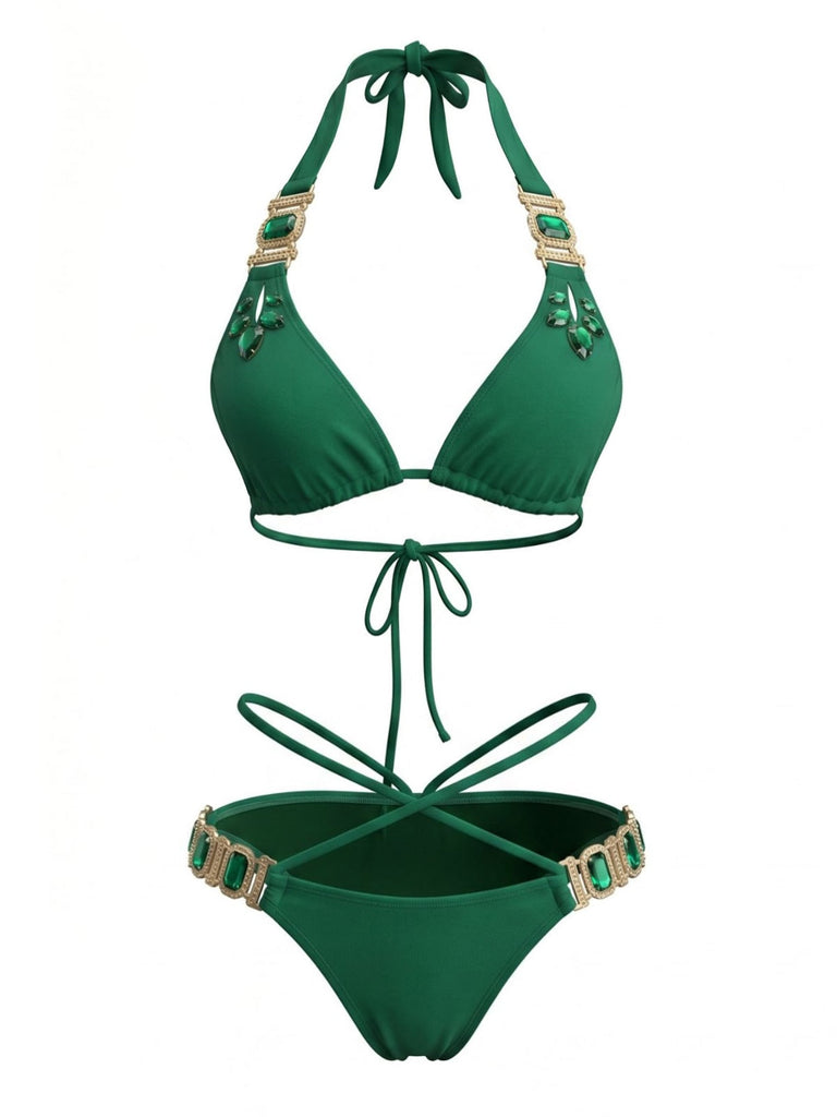 Ensemble Bikini Halter Taille Haute Bleu Années 1980 7