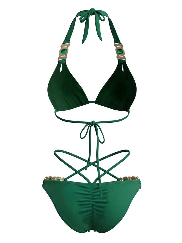 Ensemble Bikini Halter Taille Haute Bleu Années 1980 8