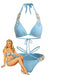 Ensemble Bikini Halter Taille Haute Bleu Années 1980