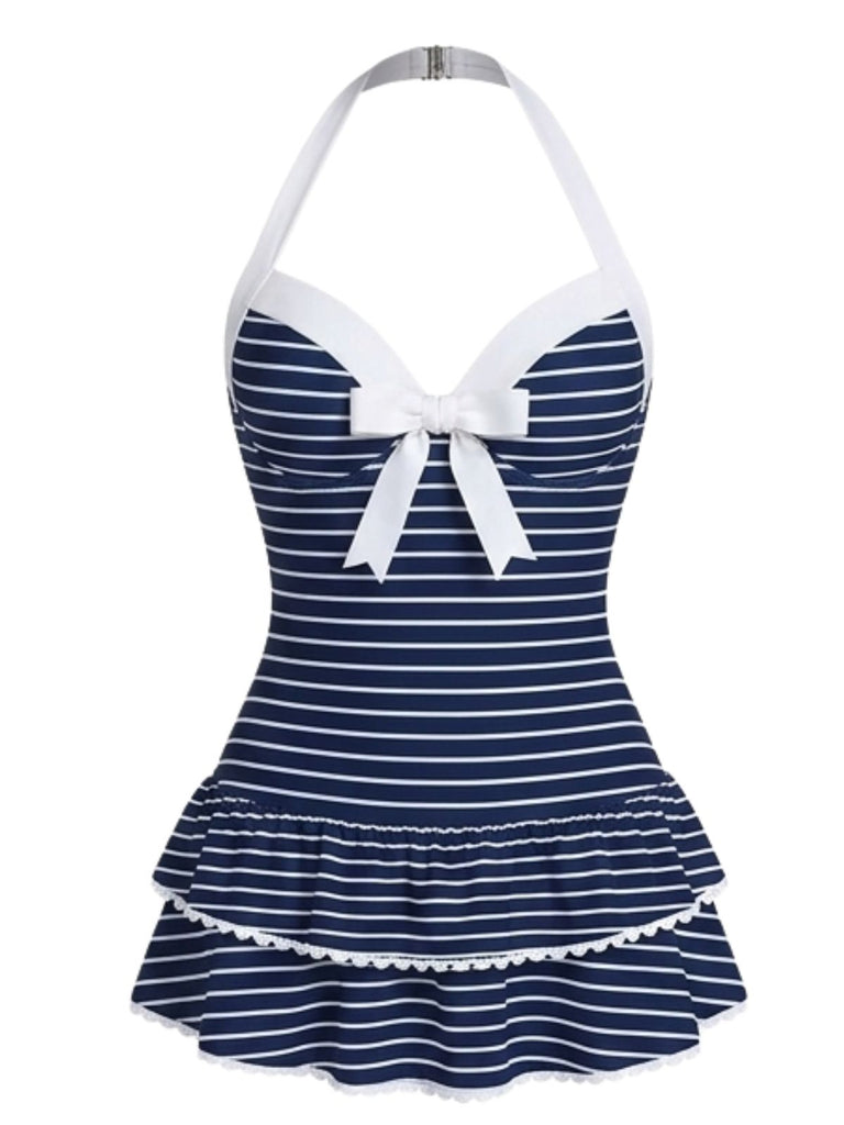 Maillot de bain une pièce bleu à pois et nœud années 1940