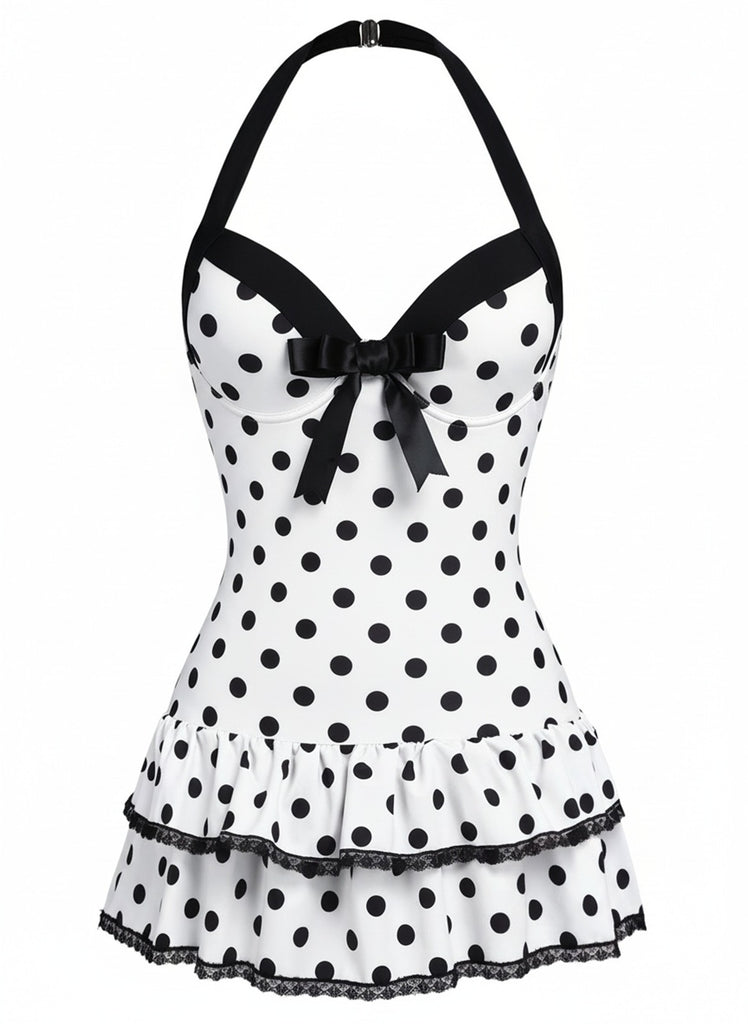Maillot de bain une pièce bleu à pois et nœud années 1940