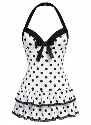 Maillot de bain une pièce Blanche à pois et nœud des années 1940