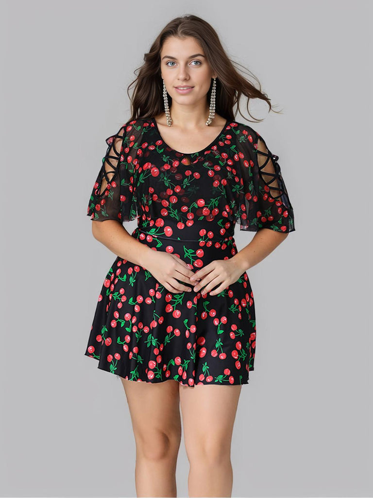 [Grande Taille] Maillot de bain noir jupe motif cerises années 30