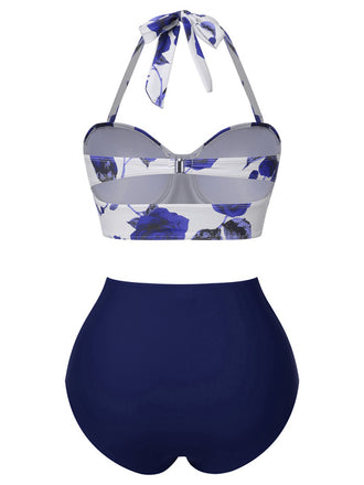 Maillot de bain bleu dos nu Roses des années 1940