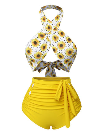 Maillot de bain jaune tournesol croisé dos nu des années 1950