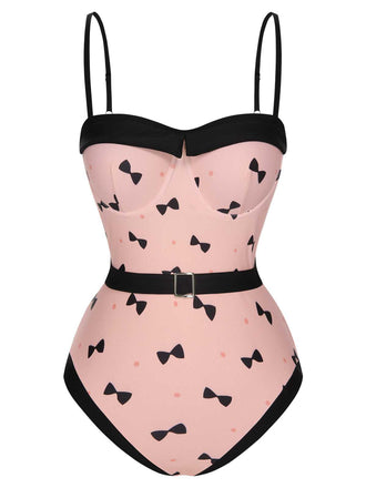 Maillot de bain une pièce rose à imprimé nœud et pois des années 1950
