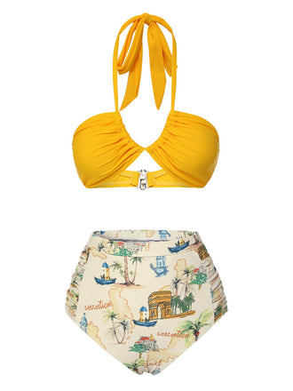 Maillot de bain dos nu jaune à motif vocation rétro des années 1970