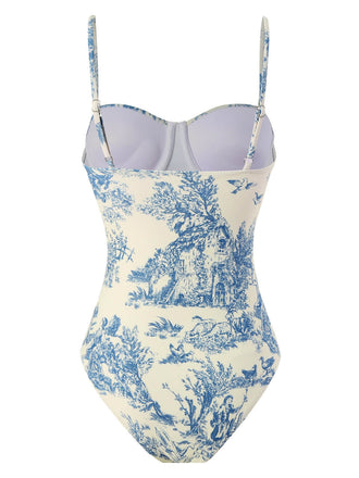 Maillot de bain une pièce à bretelles fines florales bleu des années 1950