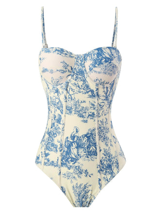 Maillot de bain une pièce à bretelles fines florales bleu des années 1950