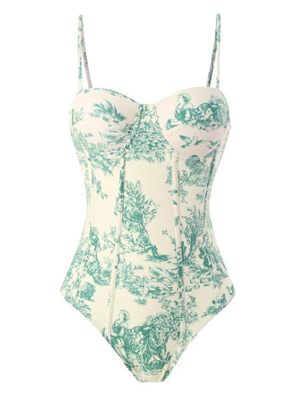 Maillot de bain une pièce à bretelles fines florales à l'encre des années 1950