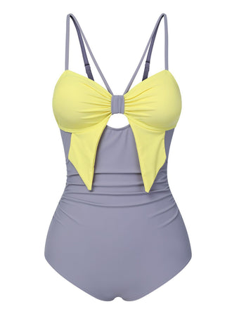 Maillot de bain violet et jaune avec nœud contrasté découpé des années 1950