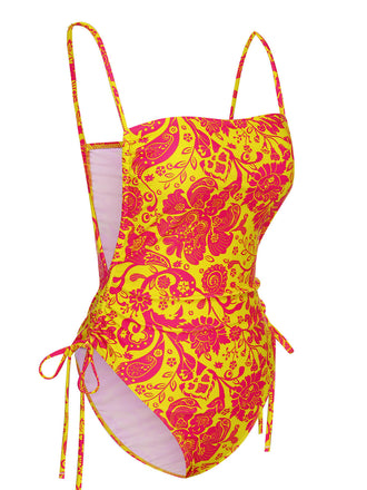 Maillot de bain orange à bretelles florales russes des années 1950