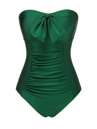 Maillot de bain bandeau plissé vert foncé des années 1970