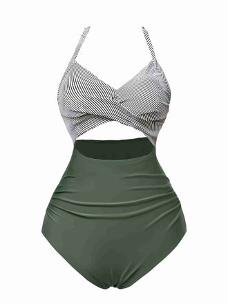 Maillot de bain vert à rayures et patchwork creux années 1940