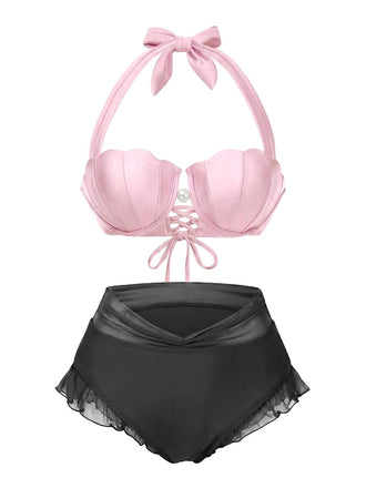 Ensemble bikini licou coquille sirène rose années 1970