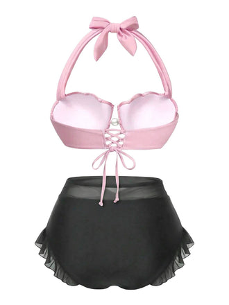Ensemble bikini licou coquille sirène rose années 1970