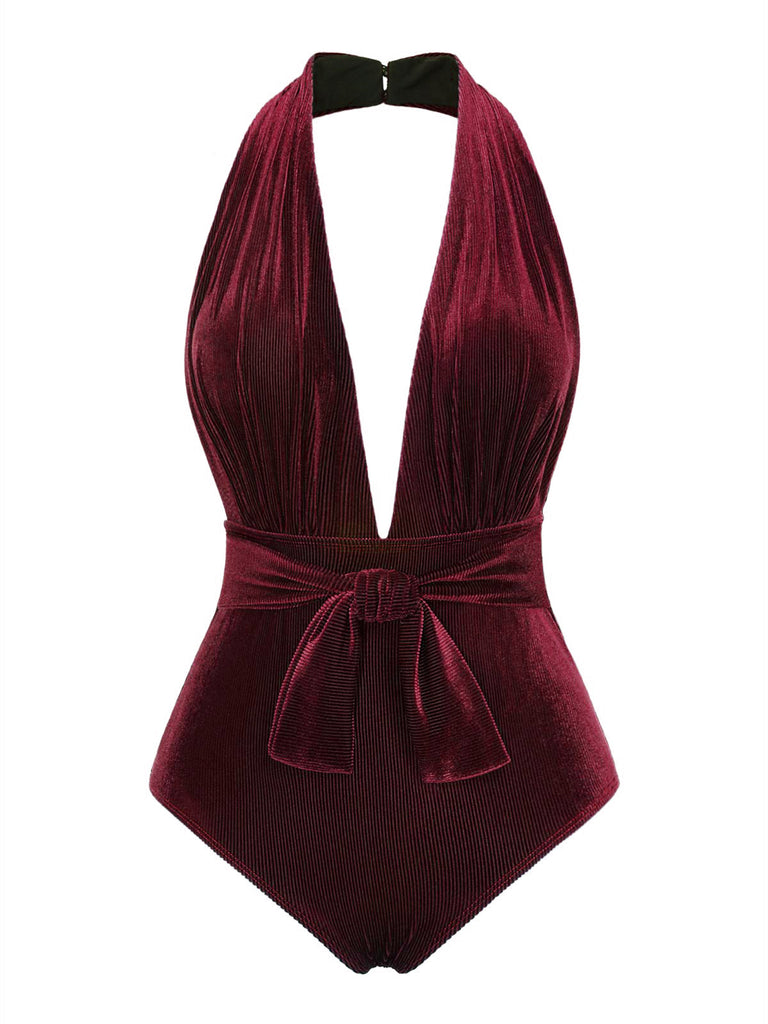 Maillot de bain col V profond en velours vert foncé des années 1970