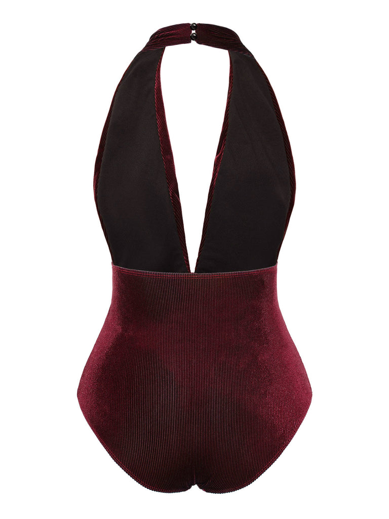 Maillot de bain col V profond en velours vert foncé des années 1970