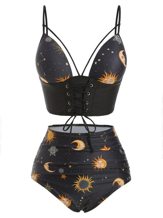 Maillot de bain à lacets noir Soleil Lune Étoiles années 40