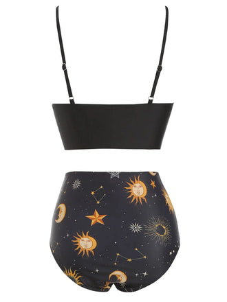 Maillot de bain à lacets noir Soleil Lune Étoiles années 40