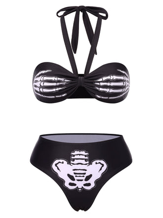 Ensemble bikini dos nu noir à motif main de squelette des années 1970