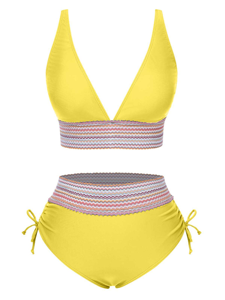Ensemble de bikini col V patchwork style bohème années 1970