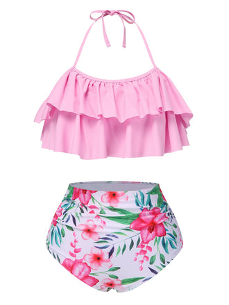 Maillot de bain dos nu à volants rose des années 1930