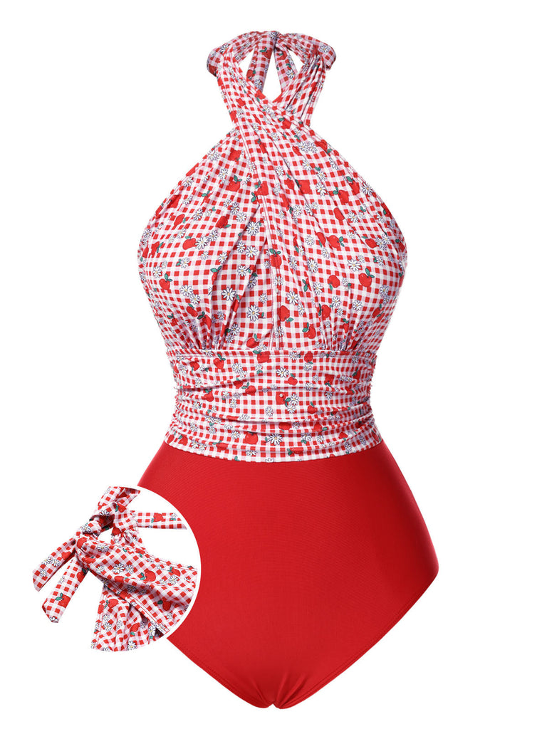 Maillot de bain dos nu croisé à carreaux pommes rouges des années 1950