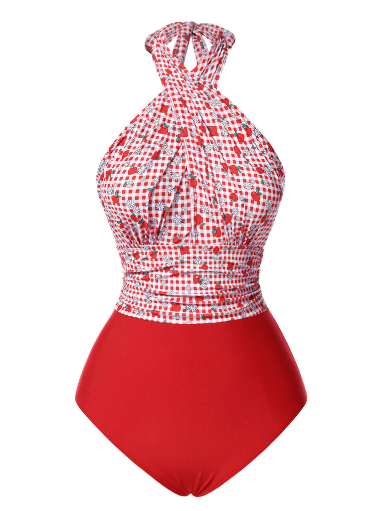 Maillot de bain dos nu croisé à carreaux pommes rouges des années 1950
