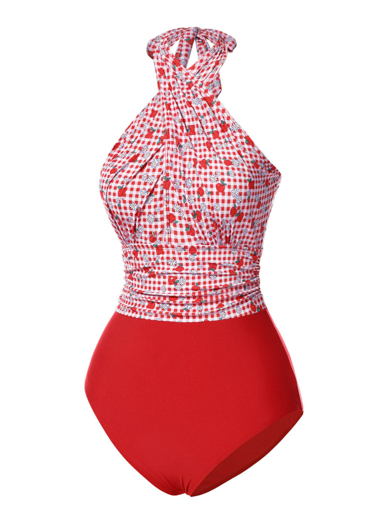 Maillot de bain dos nu croisé à carreaux pommes rouges des années 1950