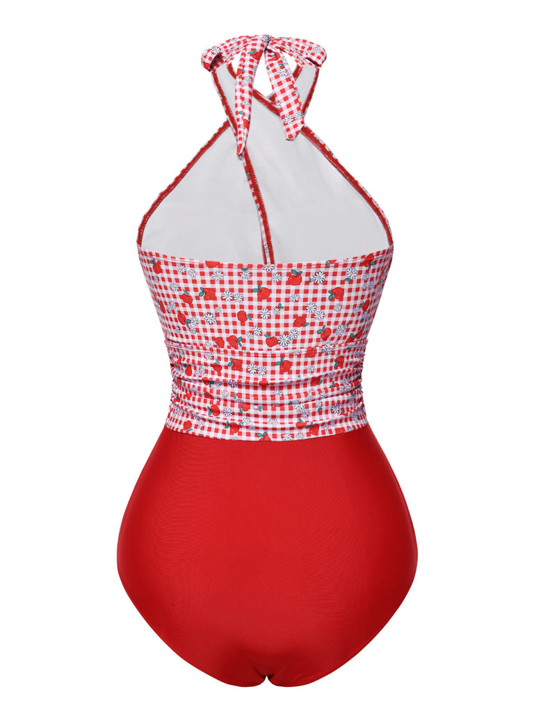 Maillot de bain dos nu croisé à carreaux pommes rouges des années 1950