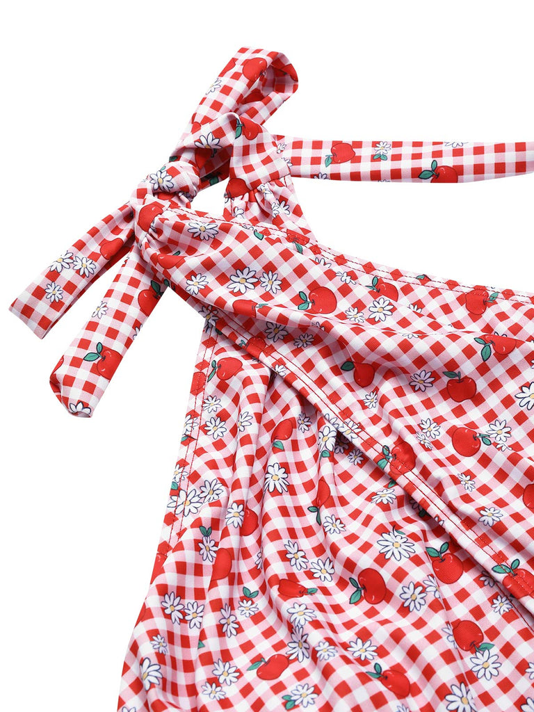 Maillot de bain dos nu croisé à carreaux pommes rouges des années 1950