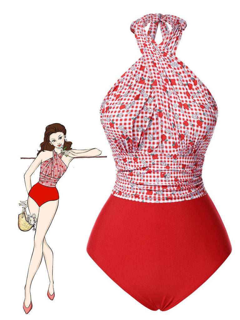 Maillot de bain dos nu croisé à carreaux pommes rouges des années 1950