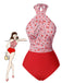 Maillot de bain dos nu croisé à carreaux pommes rouges des années 1950