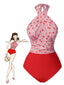 Maillot de bain dos nu croisé à carreaux pommes rouges des années 1950