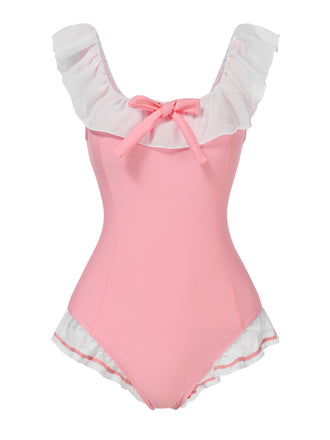 Maillot de bain une pièce rose à revers nœud papillon des années 1950