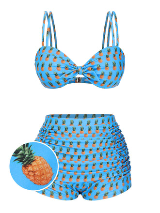 Maillot de bain à bretelles bleu ananas et nœud années 50