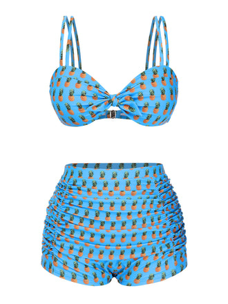 Maillot de bain à bretelles bleu ananas et nœud années 50