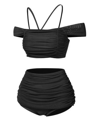 Maillot de bain dos nu froncé noir uni des années 1930