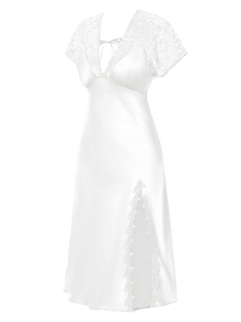 Chemise de nuit en satin à lacets patchwork de dentelle années 1960