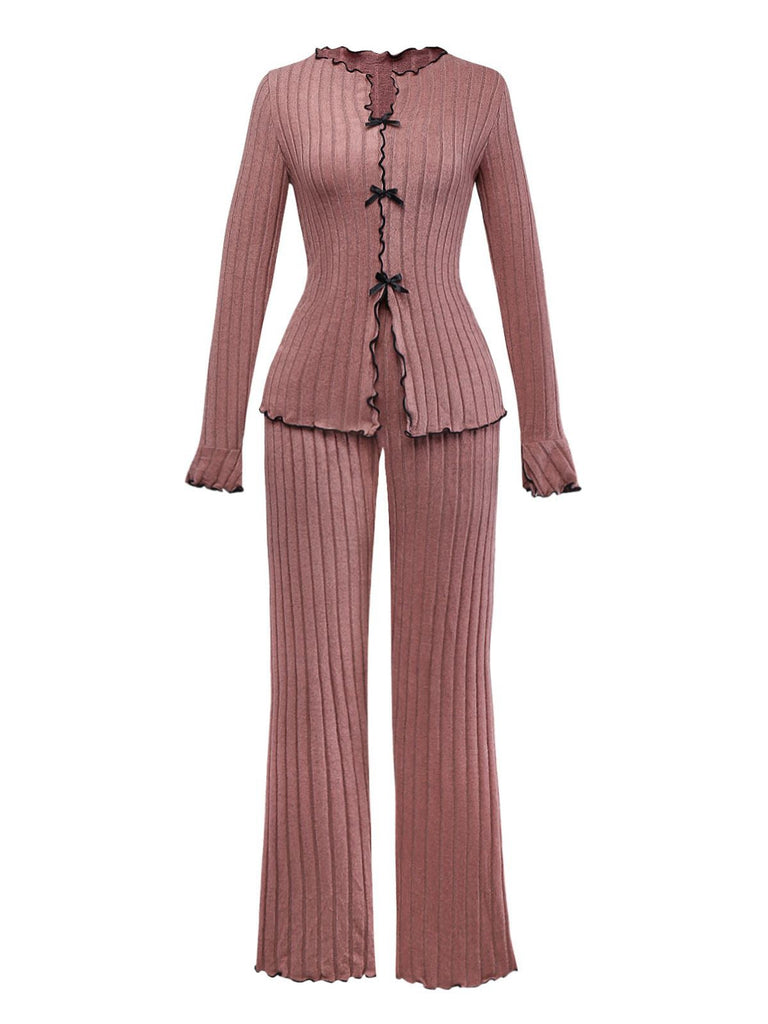 Ensemble pyjama long à volants en maille et nœud années 1950