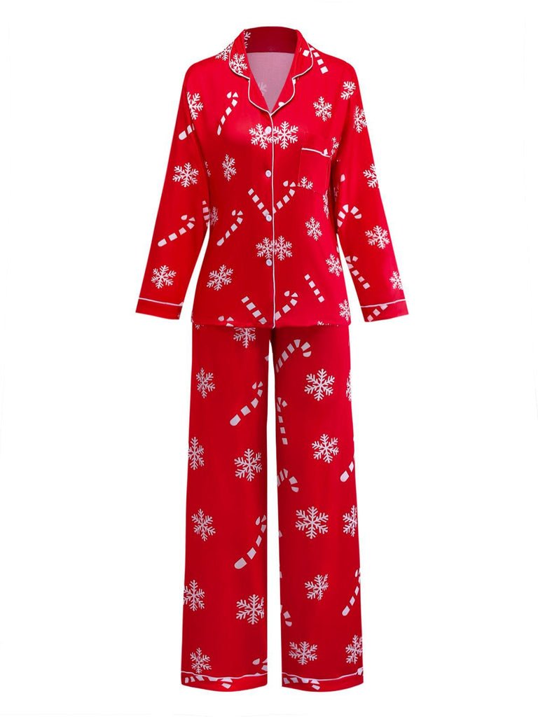 Ensemble pyjama rouge à flocons de neige et cannes Noël années 1950