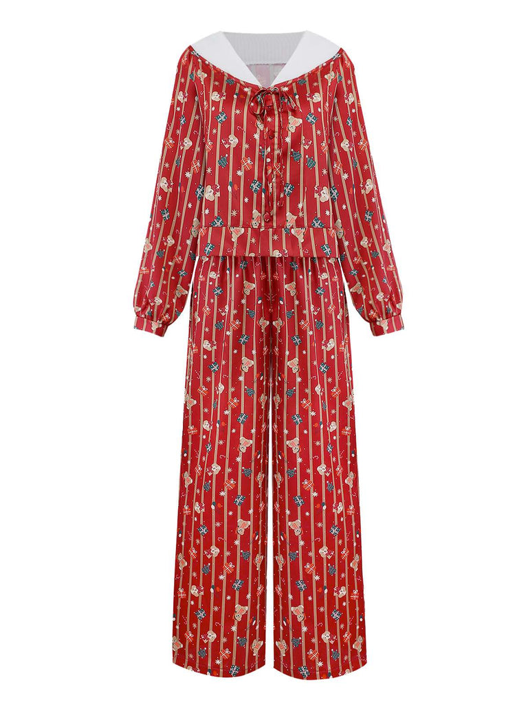 [Pré-vente] Ensemble pyjama rouge à rayures ours en peluche Noël des années 1950