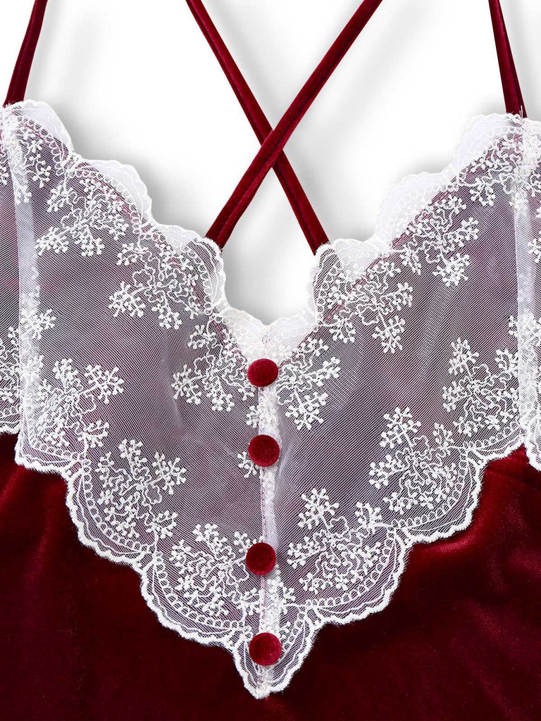 [Prévente] Nuisette rouge en velours et dentelle à fines bretelles années 1940