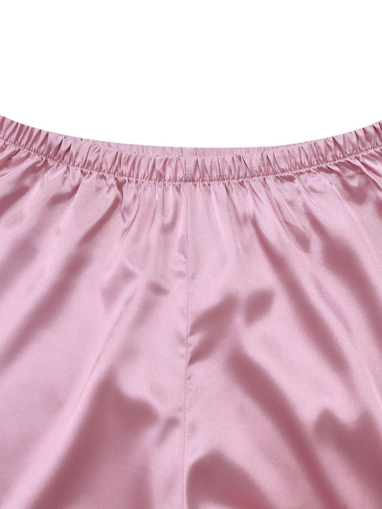 Ensemble pyjama en satin uni à bordure de plumes des années 1930