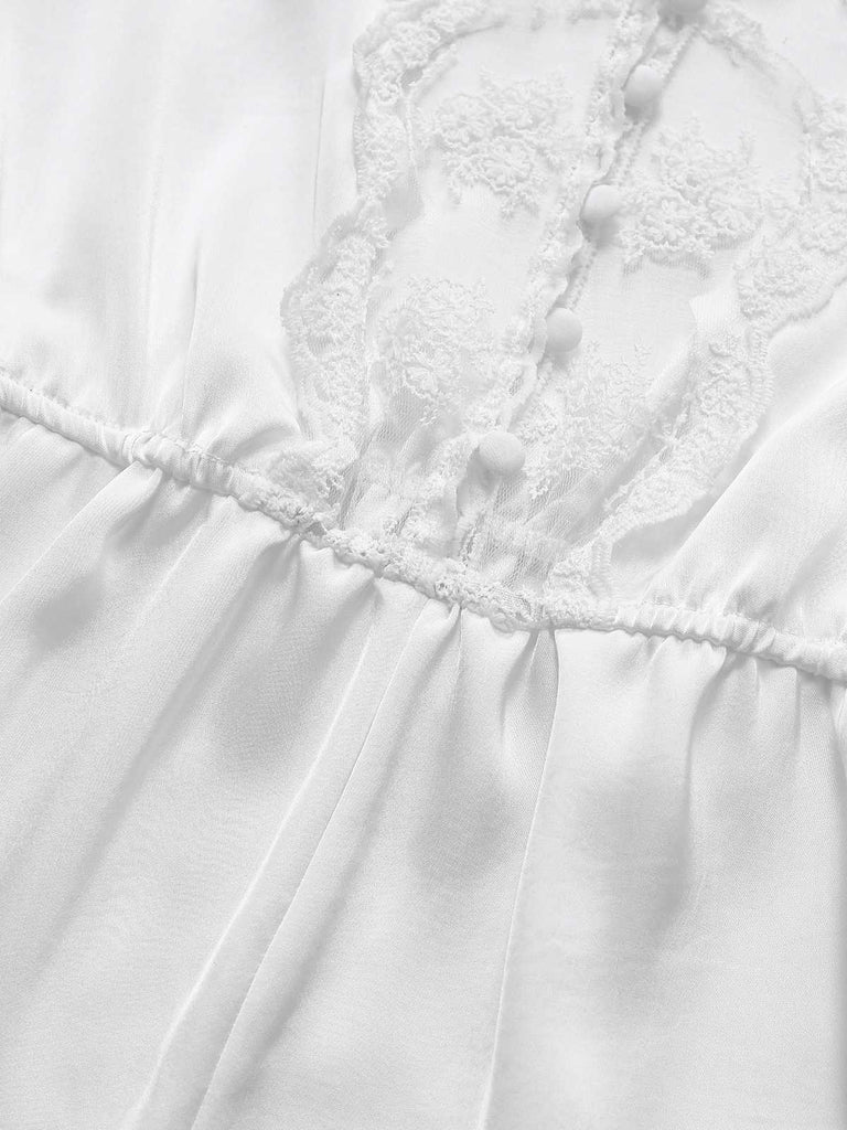 [Prévente] Pyjama Romper Camisole Blanc Bordure De Dentelle Années 1960