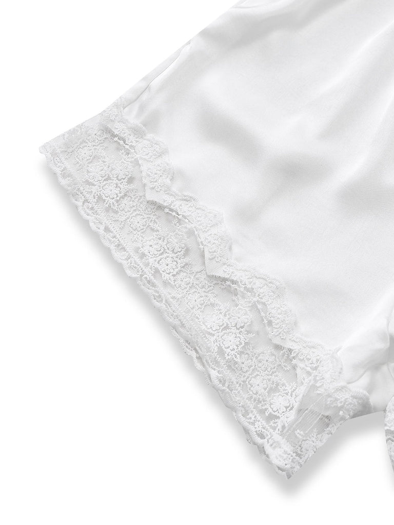 [Prévente] Pyjama Romper Camisole Blanc Bordure De Dentelle Années 1960