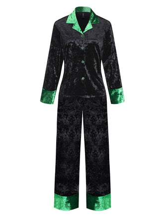Ensemble pyjama en velours scintillant vert et noir avec col cranté années 1960